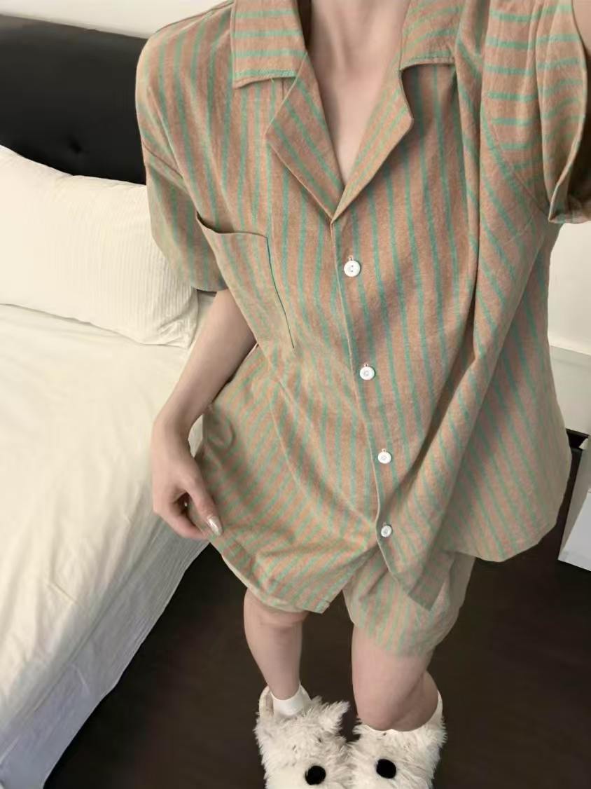 Internet celebrity new simple style striped pajamas women s summer short-sleeved shorts cardigan two-piece casual loose loungewear S