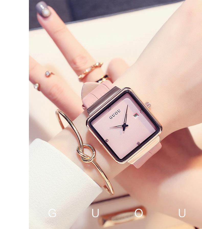 Mode Guou Top-Marke Ultra-dünn Damen Luxus Fortgeschrittenes Geschenk Quadratisch Wasserdicht Kalender Echtes Leder Armbanduhren