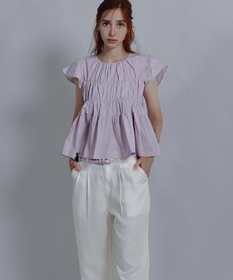 Keulleiseu Frill Round Neck Short Sleeve Blouse_Purple