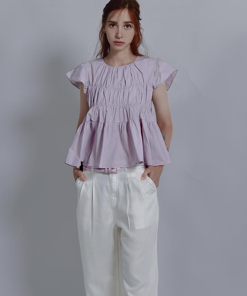 Keulleiseu Frill Round Neck Short Sleeve Blouse_Yellow