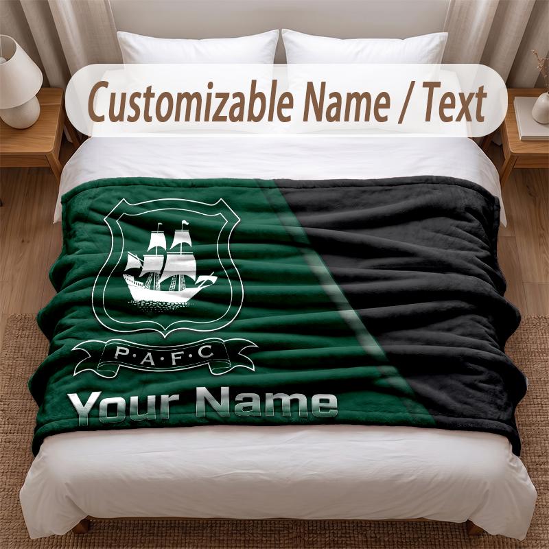 Plymouth Argyle FC Printed Flannel Blanket Custom Name Text Soft Warm Throw For Bedroom Holiday Gift