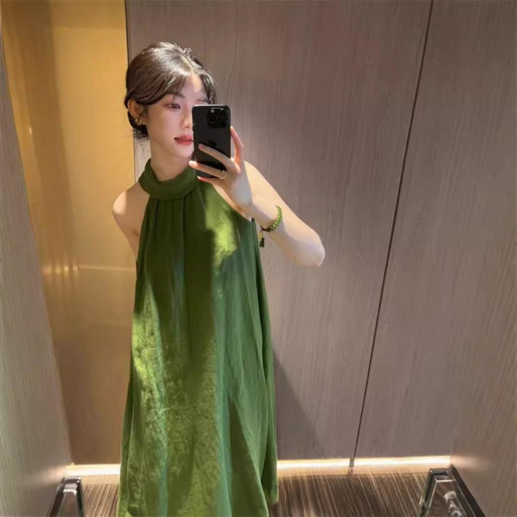 French high-end green neck sling dress children's summer new seaside vacation temperament dress