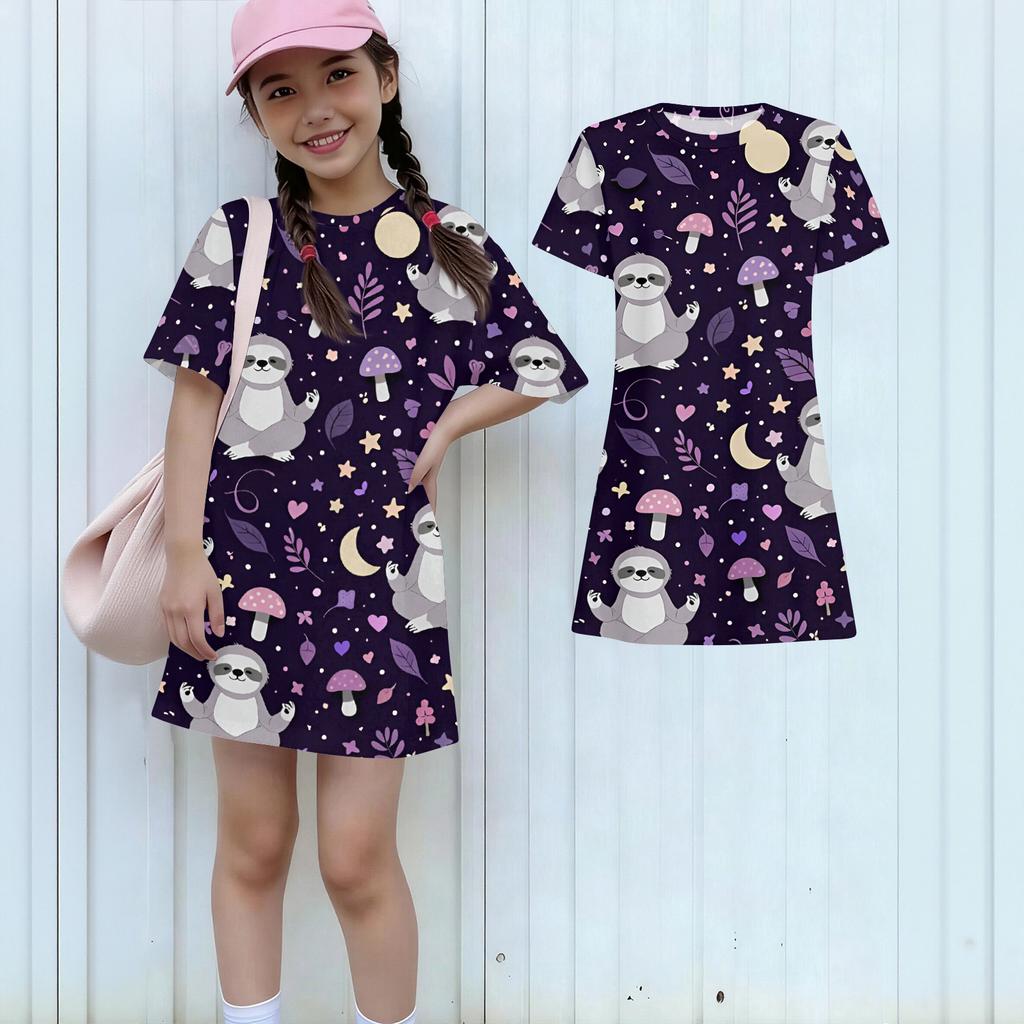 Girls Print Casual Dress Kids Loose Round Neck Short Sleeve Thin Sundress