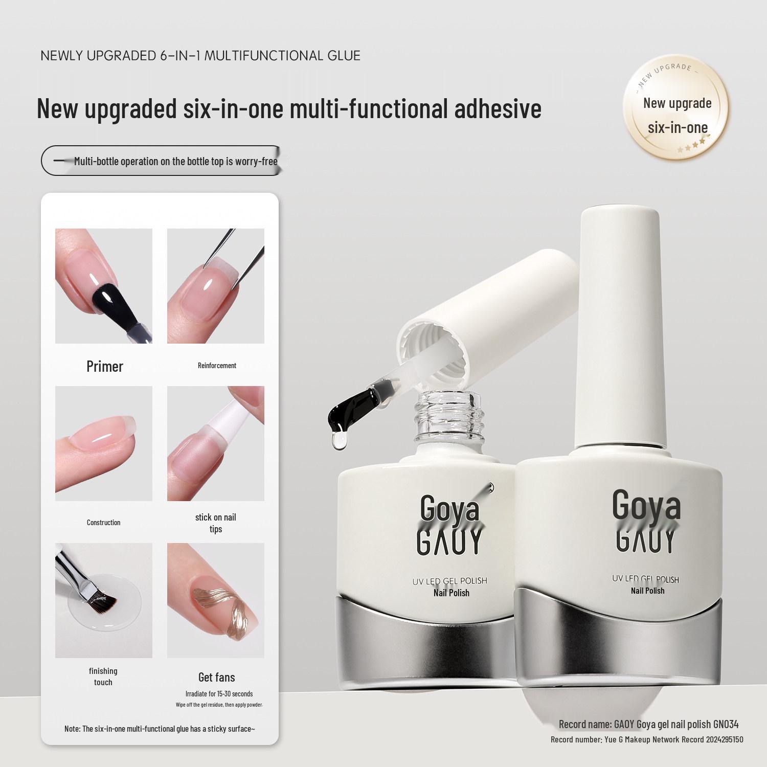 

Goya 6-in-1 Gel Set: Multifunctional Builder, Reinforcing Gel, Nail Tip Glue, Salon Exclusive Polish.