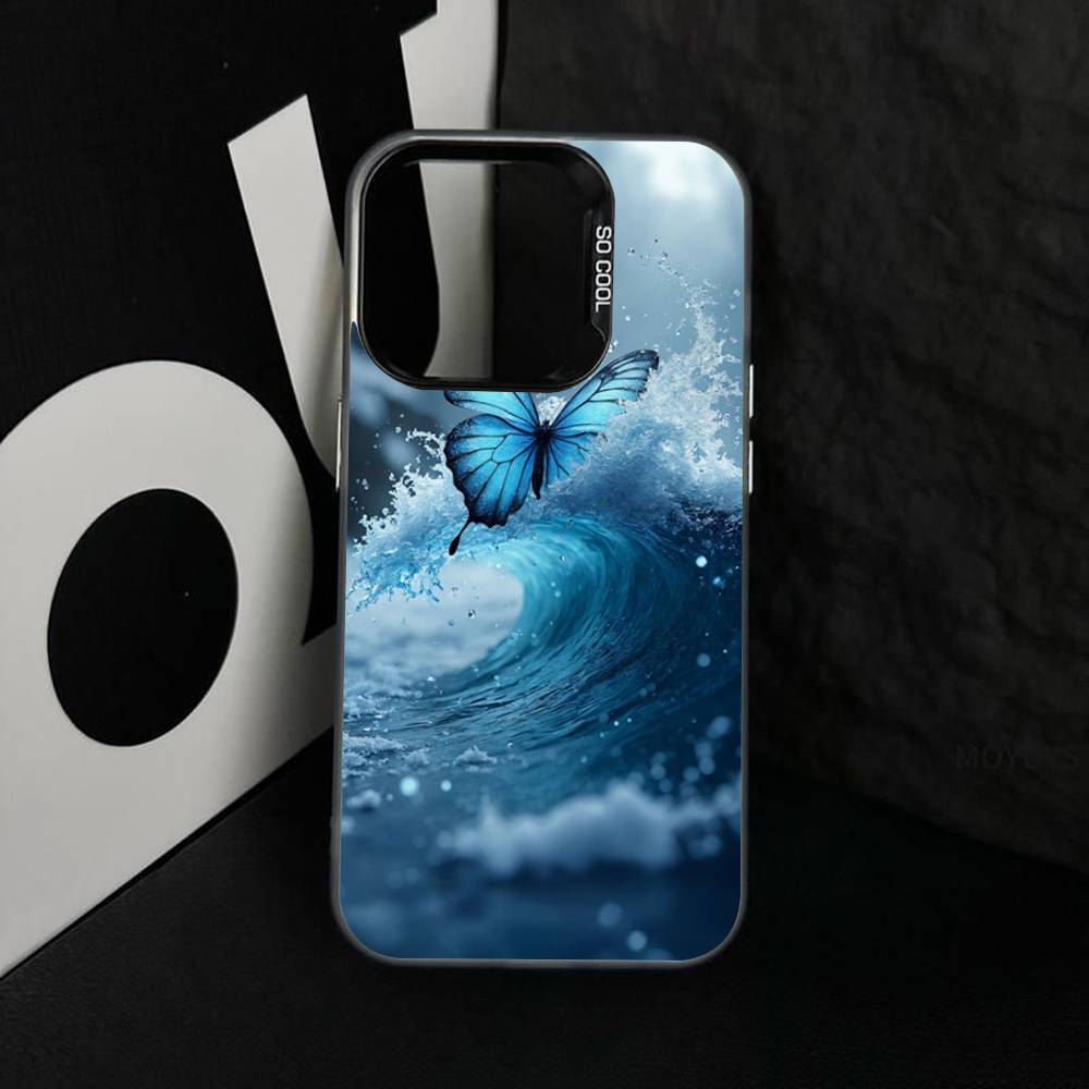 Blue Butterfly Ocean Waves Phone Case For iPhone 17 16 15 14 13 12 11 XS XR X Pro Max Plus Colored Silver Plated Cover