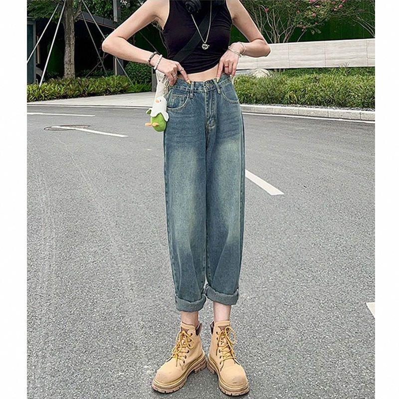 Retro straight dad jeans women's spring new high-waisted and thin loose wide-leg Harlan pants nine points