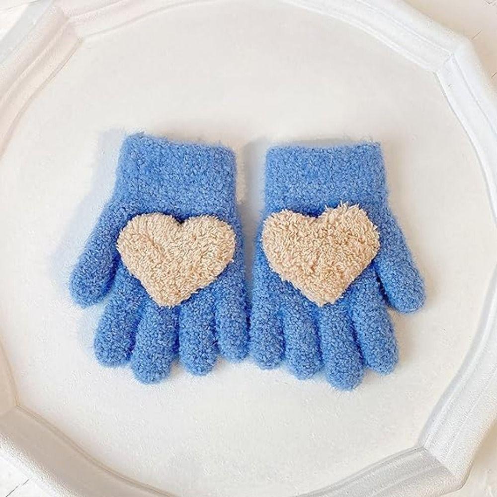2Pairs Cute Children's Warm Gloves Heart Shaped Solid Plush Gloves  for Kids Toddler