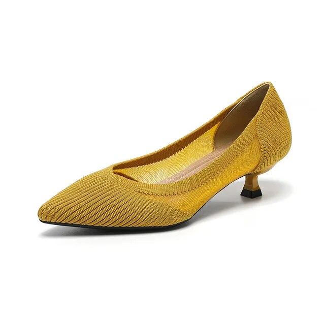 Zapatos de mujer de primavera 2024, zapatos de tacón bajo con punta puntiaguda de Color sólido, zapatos de trabajo de suela de goma antideslizantes transpirables de punto