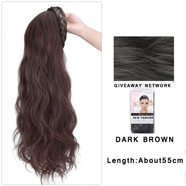 Synthetic Long Wavy Headband Wig Black Brown Women's With Twist Braid Hairband Accessories Natural Half Wig