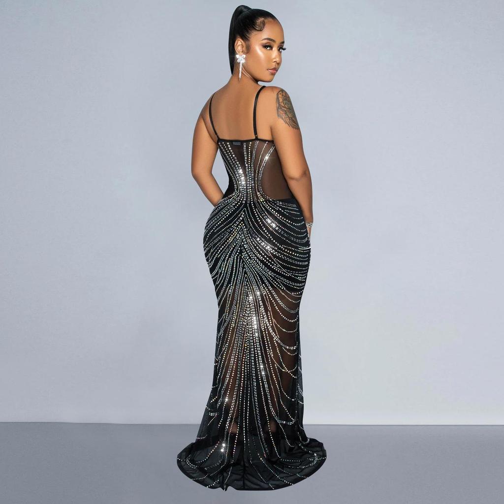Women's Fashion Solid Color Mesh Strappy Long Dress with Hot Drilling Details