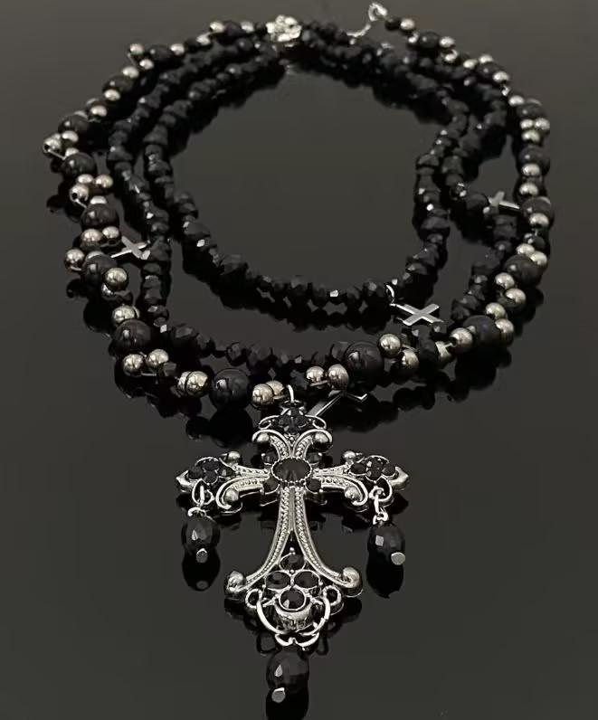 Dark Gothic cross fringed necklace multi-layered beaded necklace fashionable Spice Girl necklace
