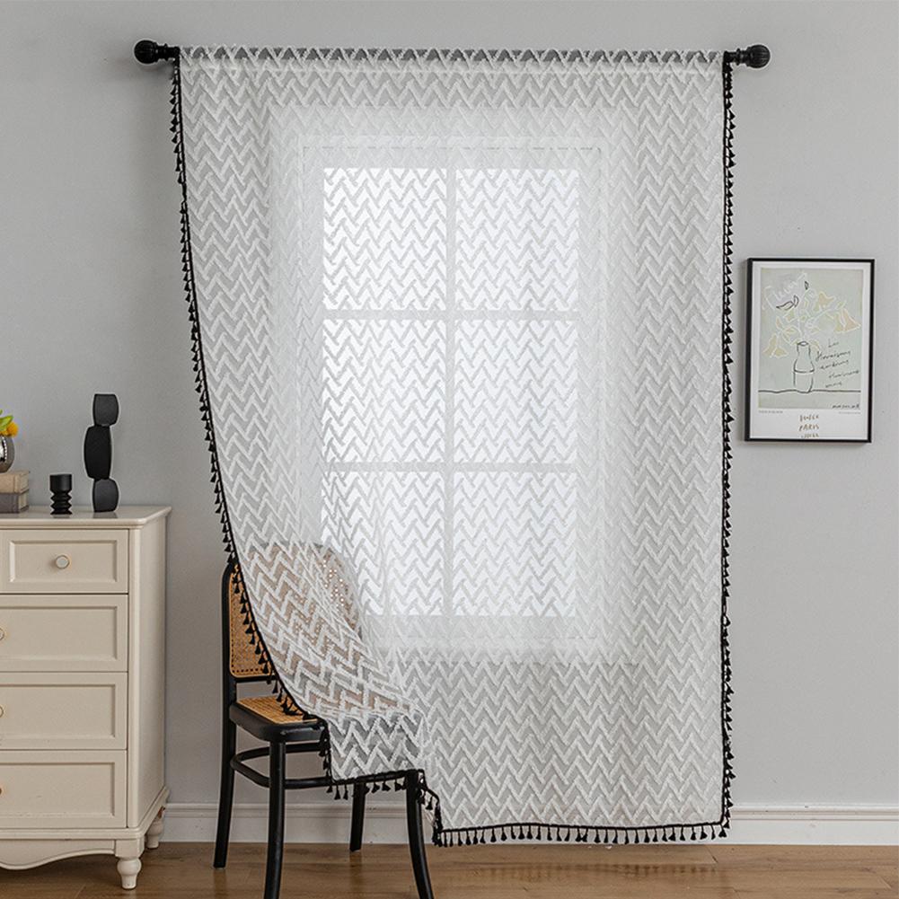 1PC LOZUJOJU Boho Geometric Herringbone Sheer Curtain with Tassels, Light Filtering Tulle for Living Room Bedroom Home Decor