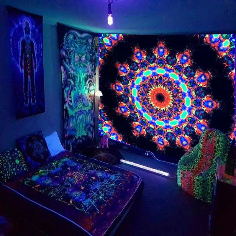 

Черный световой гобелен, УФ-реактивный психоделический Мандала, настенный подвес для спальни, общежития, индивидуальное украшение комнаты 100x75cm