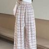 Women's Lazy Style Retro Lace Embroidery Plaid Pants | Spring-Summer High-Waist Loose Slimming Casual Wide-Leg Trousers
