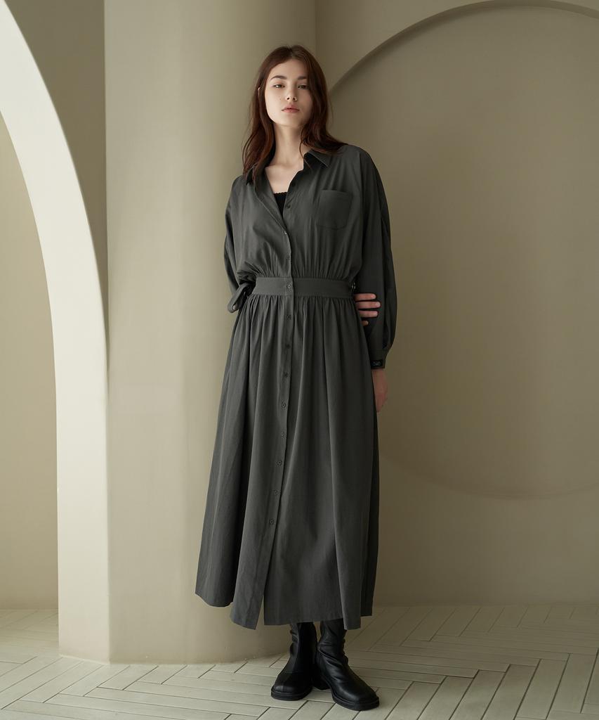Dijainowol Collared Shirred Long Maxi Dress_Charcoal
