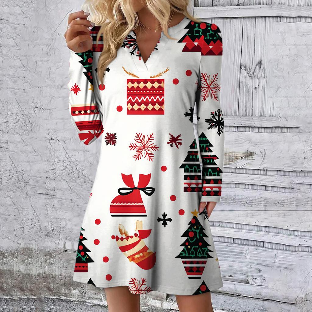 Women's Christmas Printed Dress Loose V-neck Casual Long Sleeved Dress