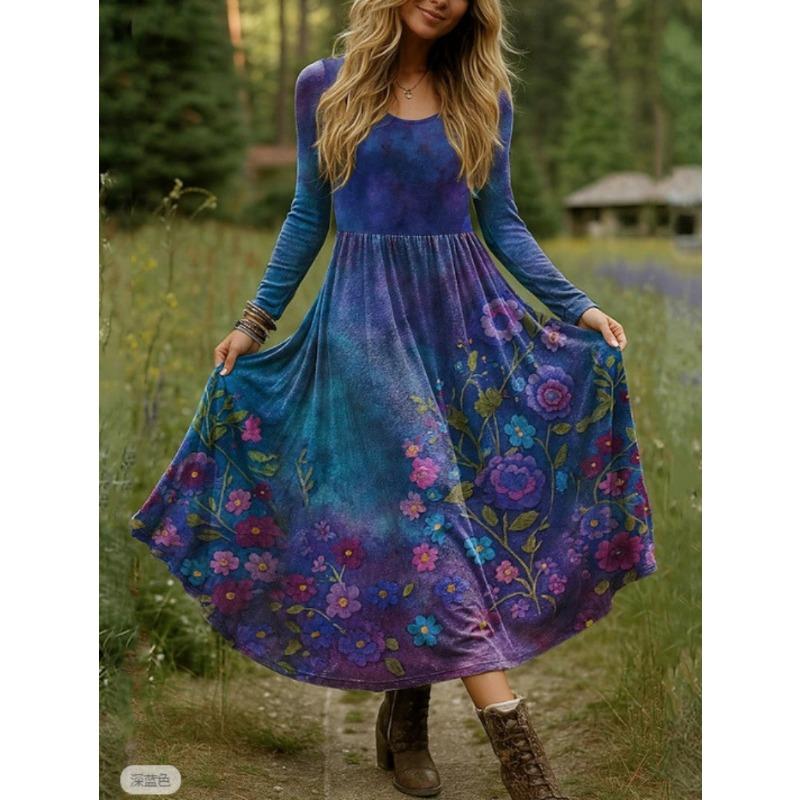 Retro Print Large Maxi Dress Women's Fashion Elegant Office Women's Long Dresses Spring Autumn Casual Long-sleeve Slim Vestidos