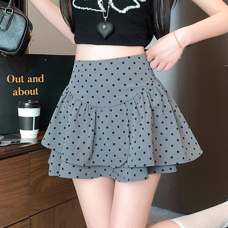Women's Gray Polka Dot Ruffled Mini Skirt - High Waist, Fluffy, Slimming, Irregular Hem