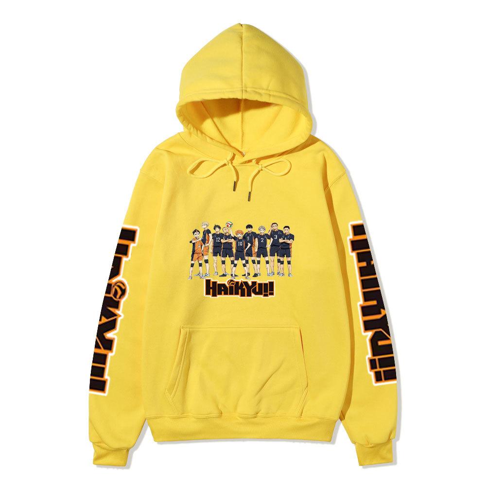 Felpa Unisex con Cappuccio in Pile Haikyuu Karasuno Squadra Intera Manica Doppia Stampa Logo Haikyuu Anime Pallavolo Felpa con Cappuccio a Manica Lunga