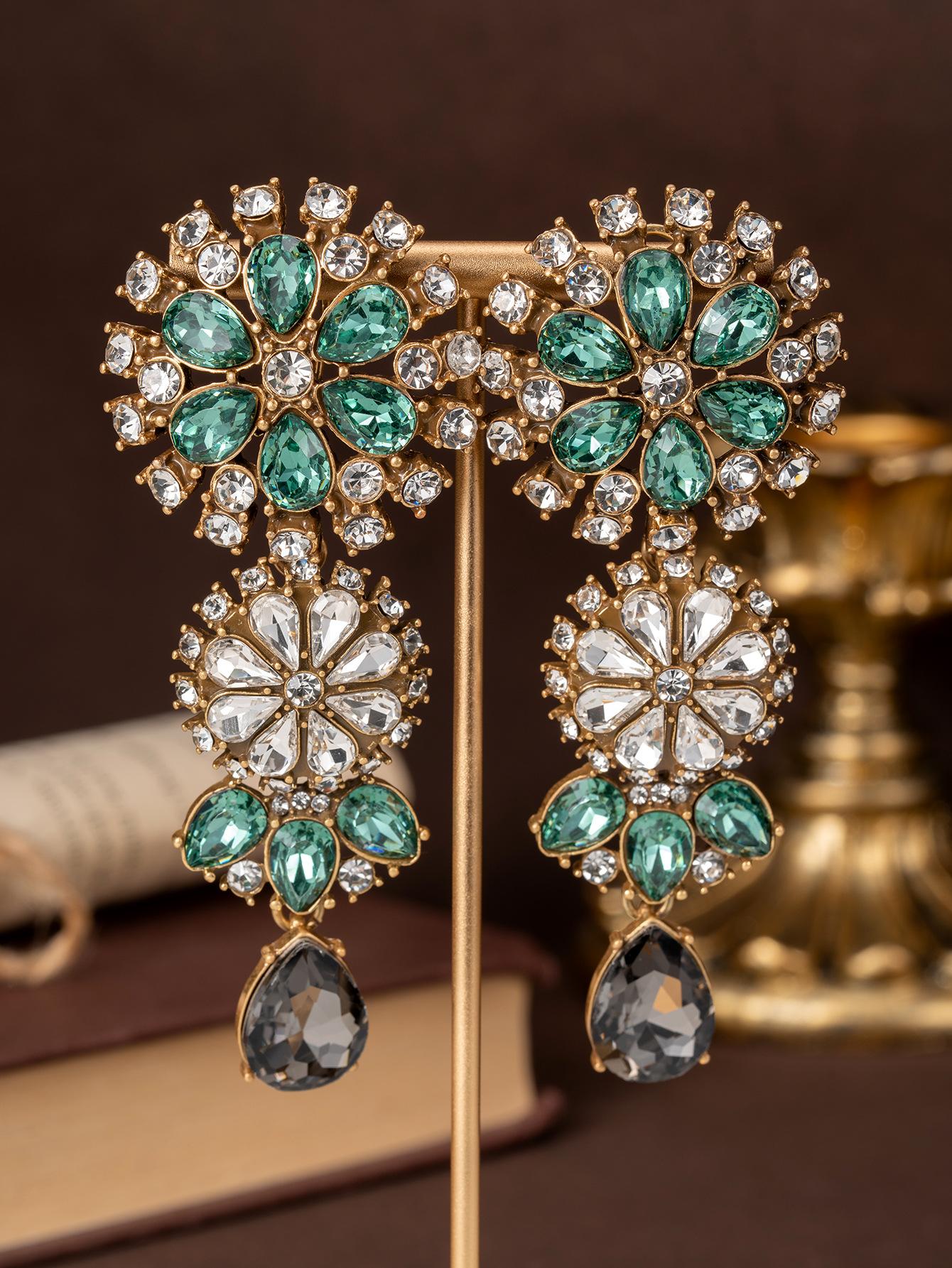 Medieval vintage full diamond flower earrings full of inlaid zircon light luxury gorgeous earrings medieval full diamond earrings women