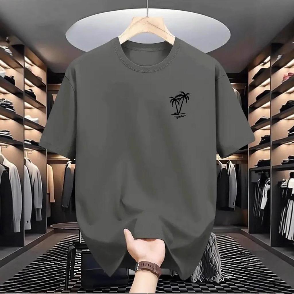 Men's Summer Coconut Tree Vacation T-Shirt, 230g Heavyweight Pure Cotton, Round Neck, Short Sleeve, Casual Style.
