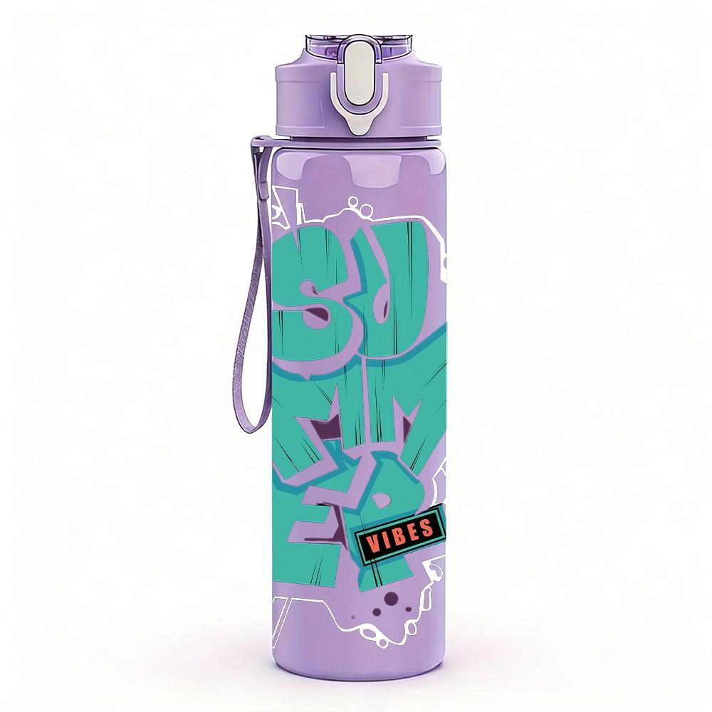 1PC Korean Hangul Text Minimalist Art Print 750ml Color Plastic Sports Water Bottle Leakproof Flip Straw Lid Suitable for Sports Office Home Use