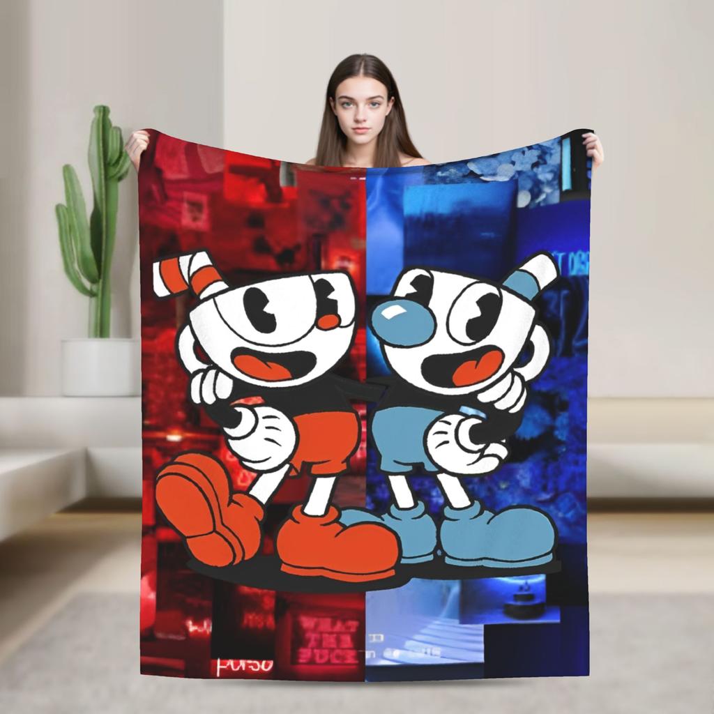 Cuphead cartoon Flannel Blankets Super Warm Throw Blanket for Couch Chair Camping Fashion Bedspread Sofa Bed Cover