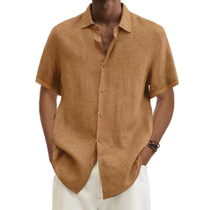 Popular Summer V-neck Button Cotton and Linen Solid Color Men's Trendy Shirt Men's Shirt