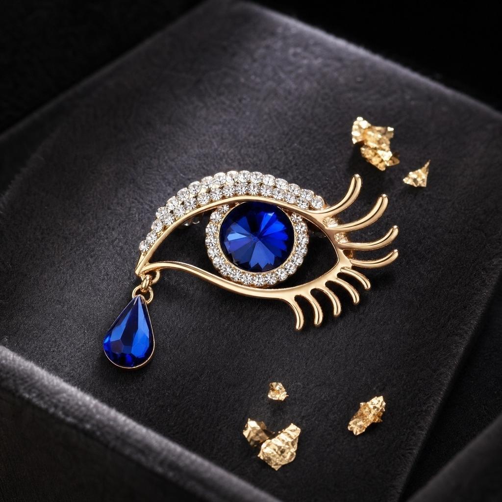 Luxury Crystal Eye Brooch Pin with Rhinestone Embellishments High-End Sweater Coat Accessory Elegant Tear Drop Design Fashion Jewelry