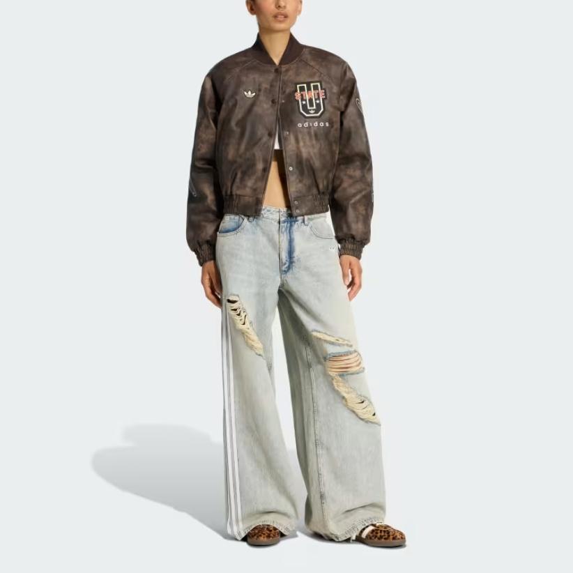 Adidas Originals Athletic Department Logo Vintage Faux Leather Woven Pilot Jacket Women Jacket KF2307