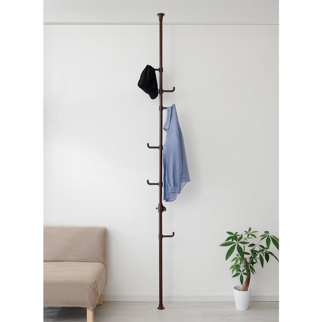 Belca Clothes Tension Pole Hanger with 6 Base Diameter X Height Tension Adjustable Clothes Rack, Easy-to-Use Hooks, 6.5cm 190-255cm, Brown, Type,