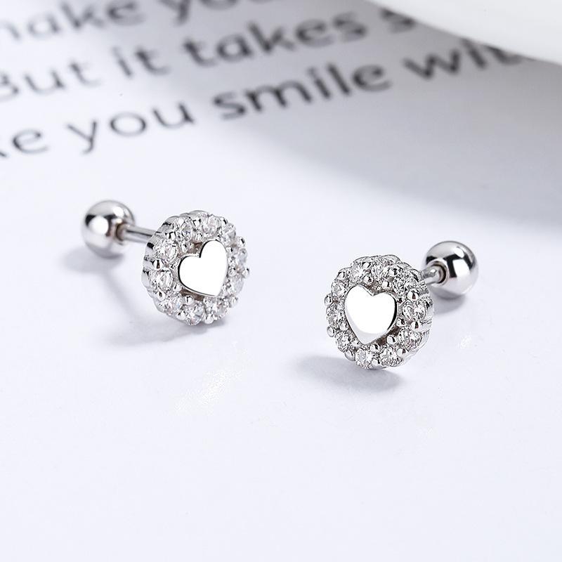 Gold Tone Solid Love Heart Halo Zircon Round Ball Back Cartilage Tragus Piercing Stud Earrings
