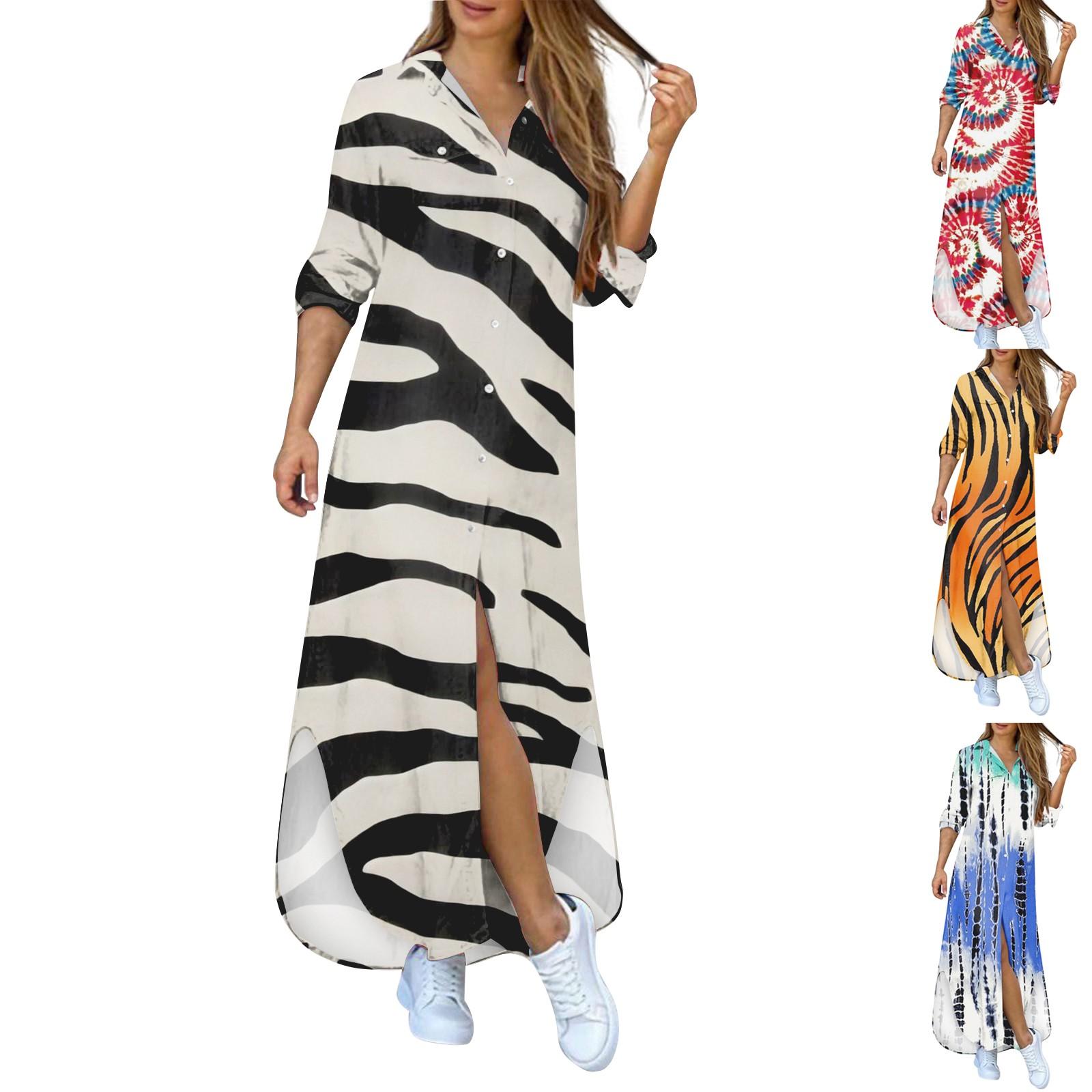 

Платья-рубашки для женщин, сексуальные повседневные блузки с длинными рукавами и принтом, свободные макси-платья с разрезом на пуговицах