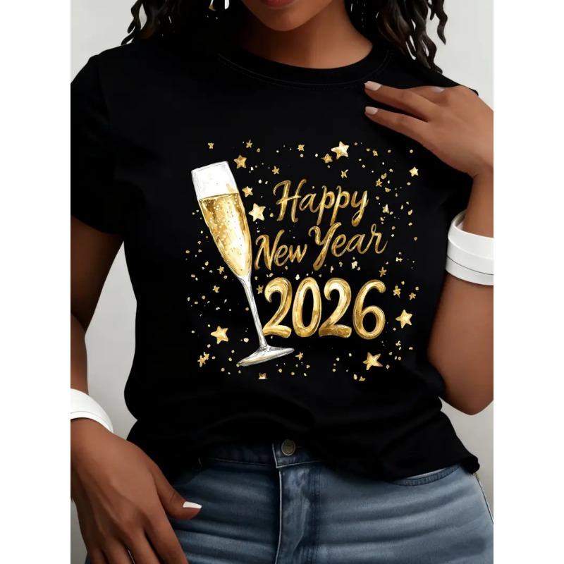 

European Size Womens 2026 New Year s Eve Graphic T Shirt Golden Champagne Print Goodbye2025 Hello2026 Round Neck Short Sleeve 4XL