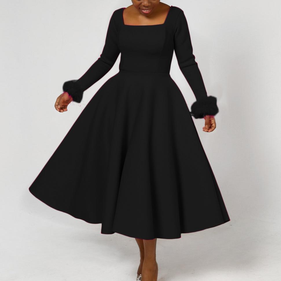 Women Elegant Party Dresses Square Neck Long Sleeve High Waisted Pleated A Line Mid Calf Luxury Birthday Dress Robe