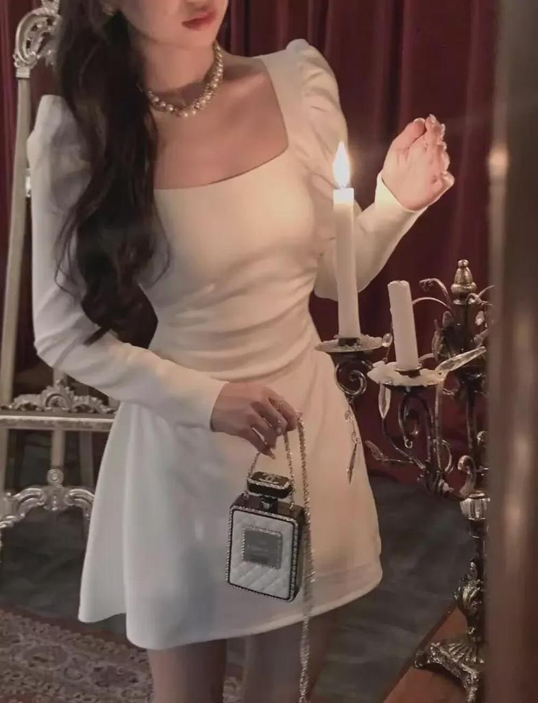 Elegantní francouzské šaty s čtvercovým výstřihem - Dámské podzim 2023 zeštíhlující pas s dlouhým rukávem