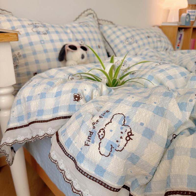 Korean French Style Hollow Lace Puff Cotton Bedding Set, Girly Duvet Cover - Available As 4-Piece or 3-Piece Set