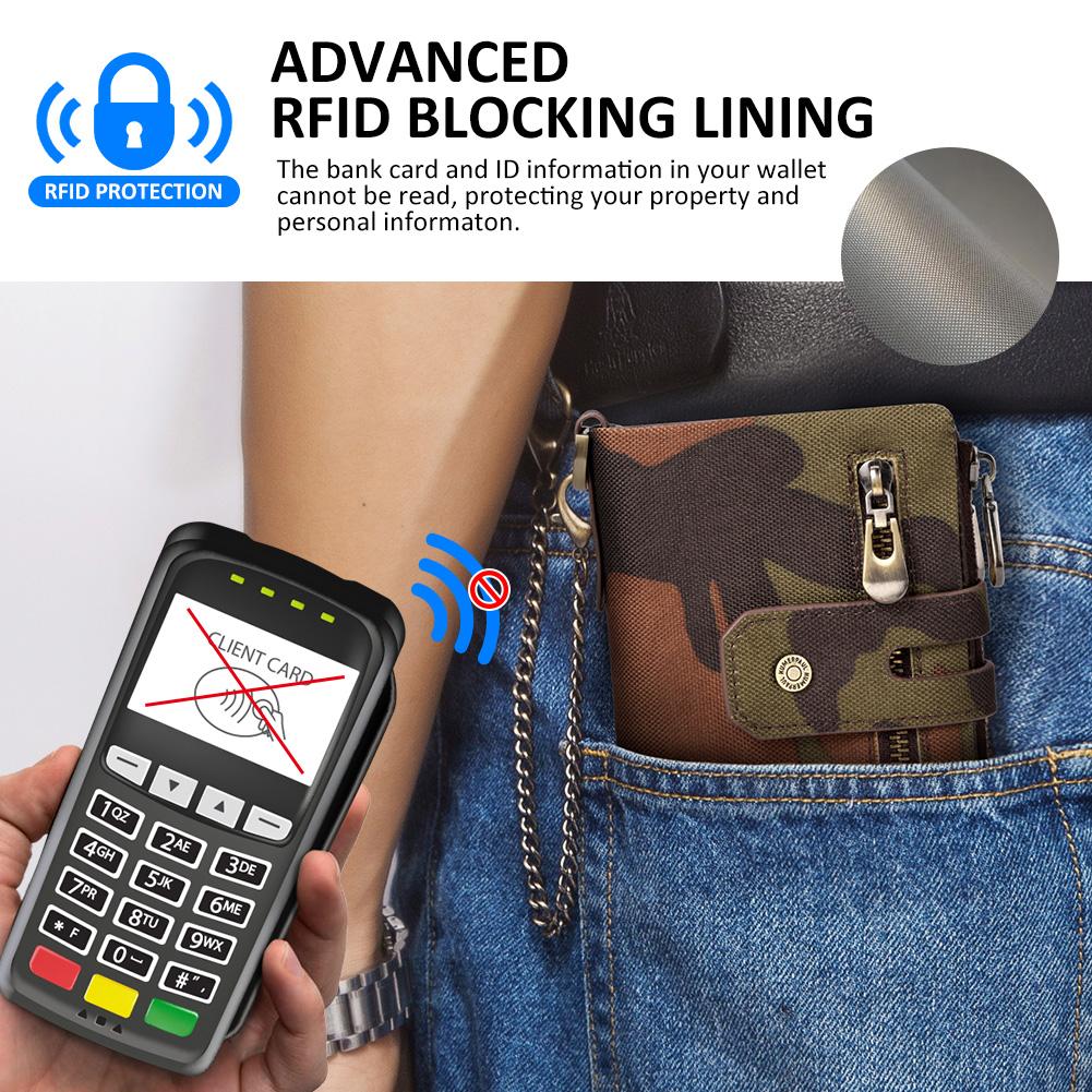 HUMERPAUL Men cowhide wallet Oxford cloth RFID anti-theft credit card bag coin purse with chain wallet with photo window