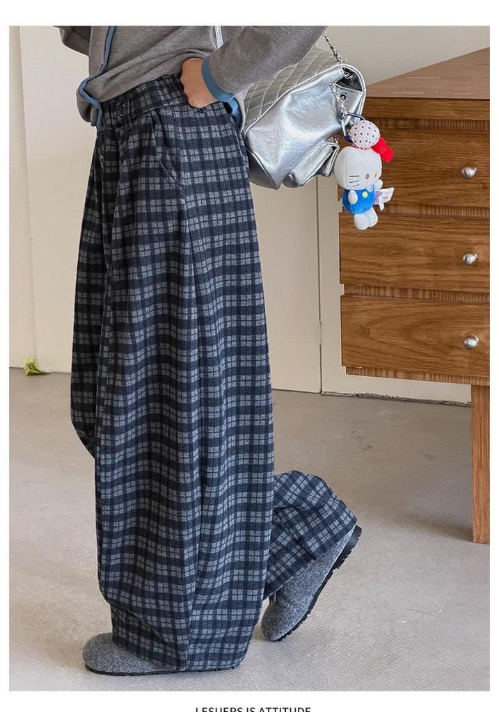 Girls' Casual Plaid Wide-Leg Pants - 2026 Autumn Style for Medium and Large Kids
