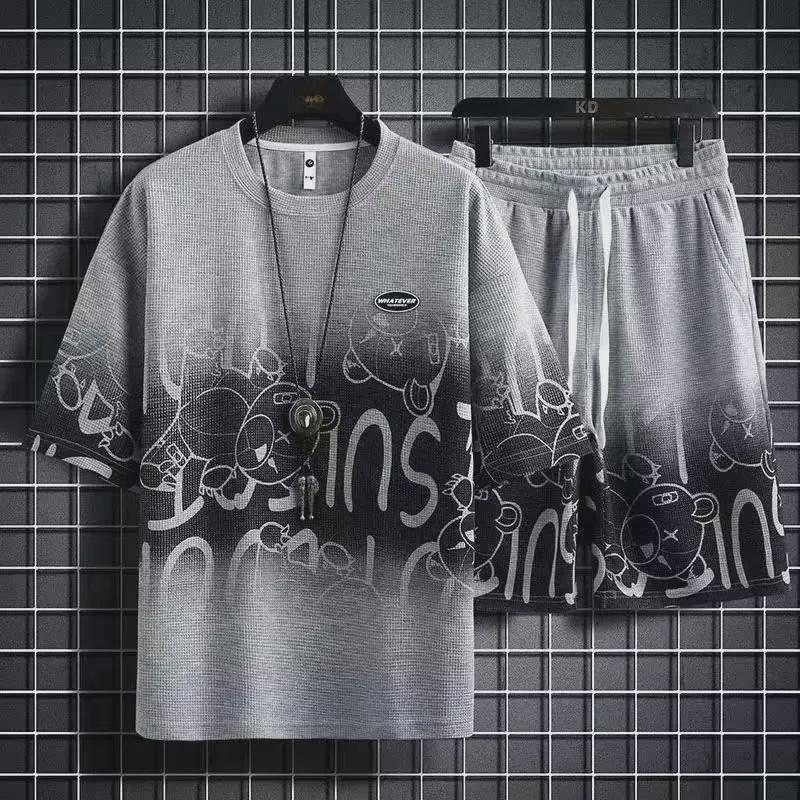 Pánská letní vaflová sada s krátkým rukávem a šortkami: M-5XL Volný ležérní dvoudílný sportovní outfit.