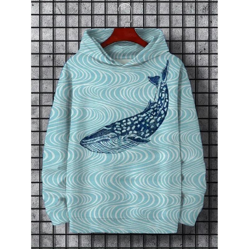Zábavná japonská harajuku móda pánská mikina ležérní Y2k mikina pánská podzimní a zimní vzor mořské velryby sportovní mikina