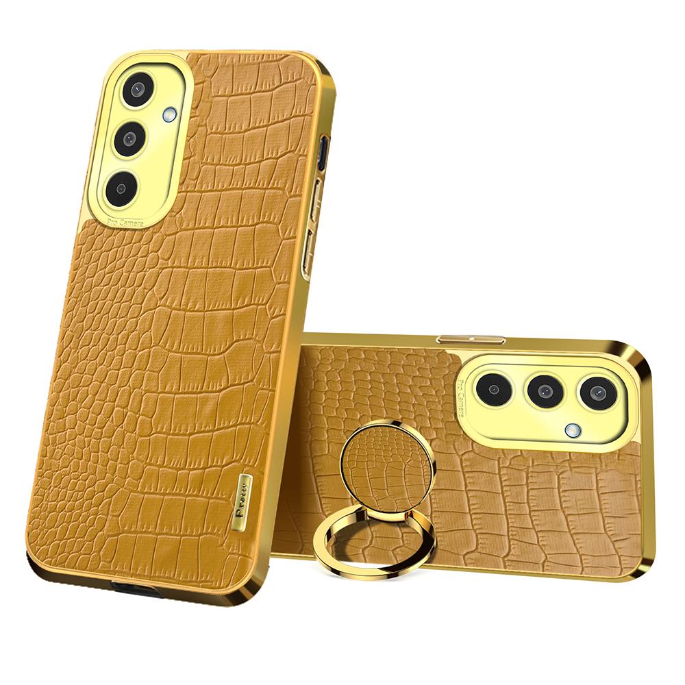

For Samsung Galaxy M35 5G Case Finger Ring Kickstand TPU+Leather 6D Electroplating Phone Cover Yellow