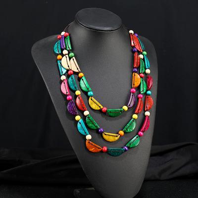 Handwoven Bohemian Coconut Shell Wood Necklace Feminine Style Long Multi-layer Colored Circle Pendant Accessories