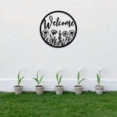 Retro Floral Metal Wall Art Welcome Sign Wrought Iron Home Decor Gift