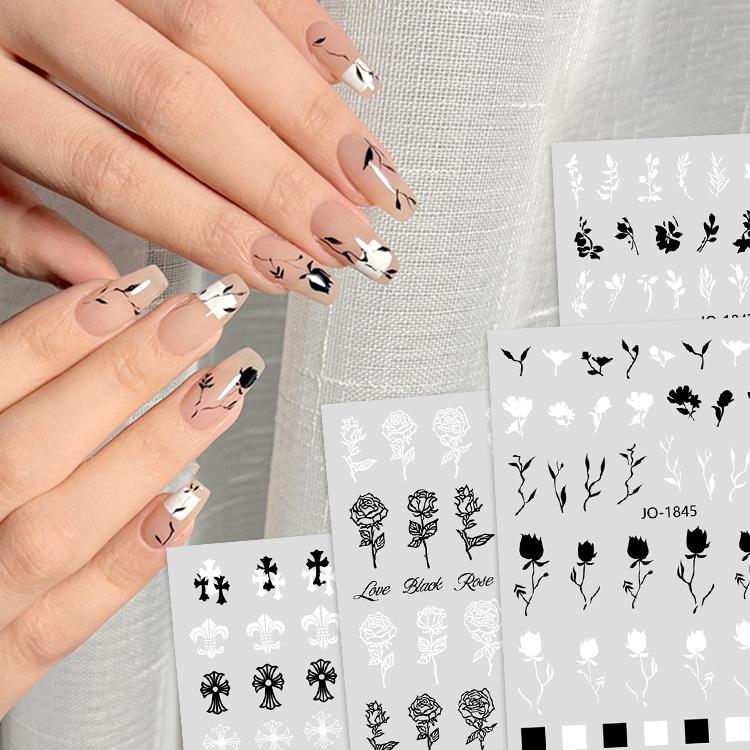 

3D Vintage Black & White Rose and Cross Nail Stickers with Adhesive
