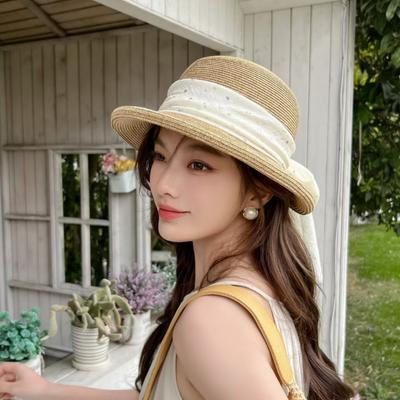 Ribbon Polka Dot Bow Straw Hat Women's Seaside Vacation Sun Hat Spring and Summer Sun Protection Sunshade Breathable Dome Bucket Hat