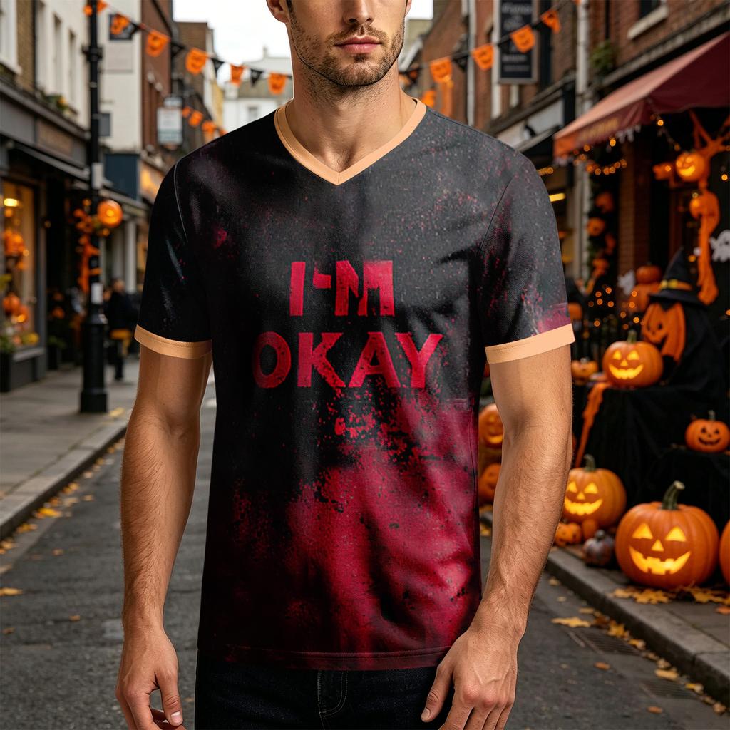Men's Halloween Print V-Neck Short Sleeve T-Shirt Casual Summer Top