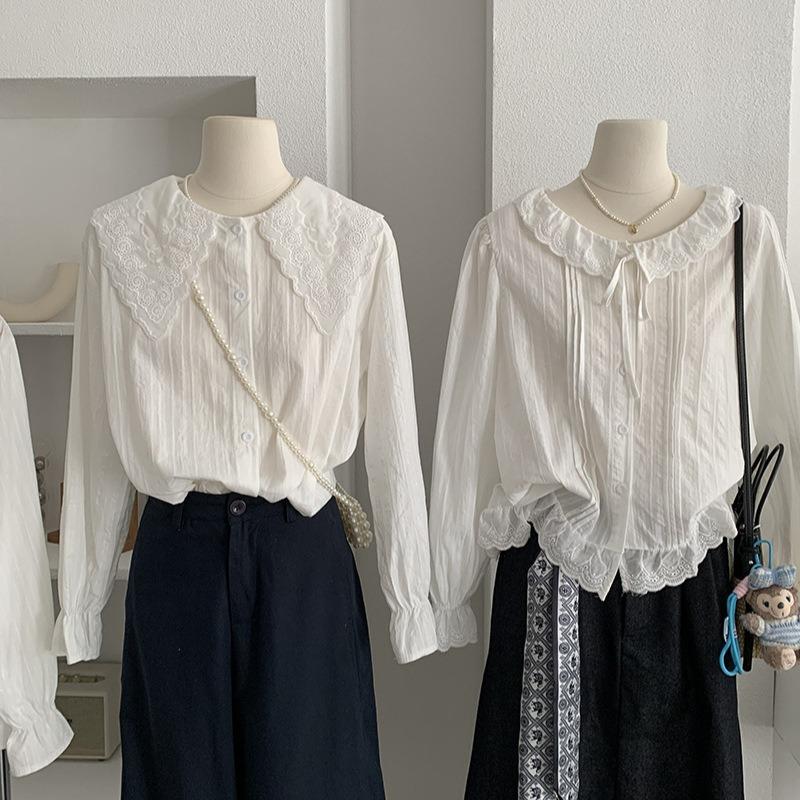 Spring Autumn Polo-neck Sweet Single Breasted Shirt Women Long Sleeve Casual White Cotton Blouse Cardigan Top