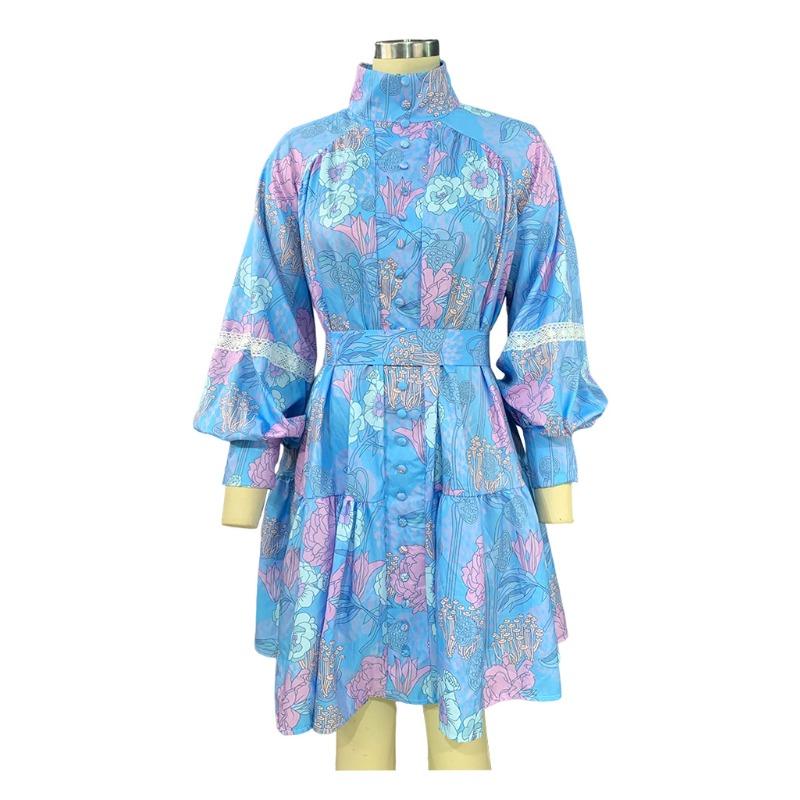 Plus Size Frühling und Herbst Damen Kleid Mode Temperament Hoher Kragen Swing Bedruckte Hemdkleider