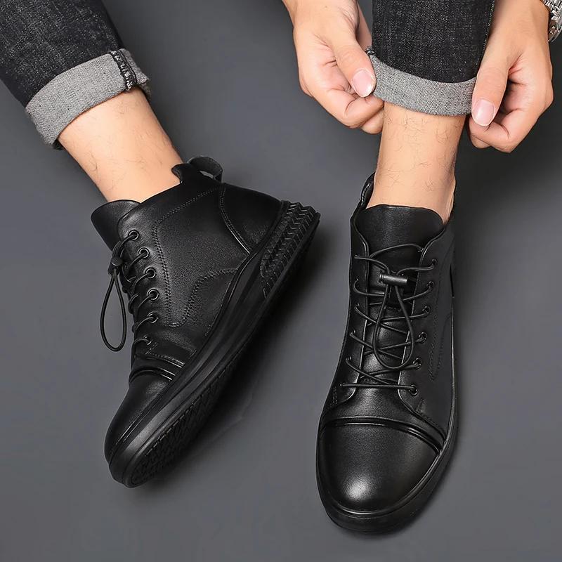 Genuine Leather Men's Casual Shoes Fashion High Top Sneakers Shoes Winter Wool Fur Warm Men Boots Outdoor Snow Non-Slip Footwear